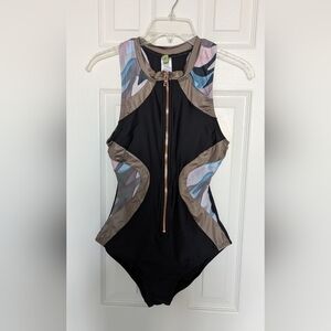 NWOT Next Womens (Medium) Front Zip Black & Metallic Racerback Bathing/Swim Suit